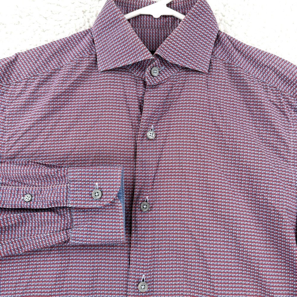 Ermenegildo Zegna Mens Small Red Geometric Regular Fit Long Sleeve Dress Shirt
